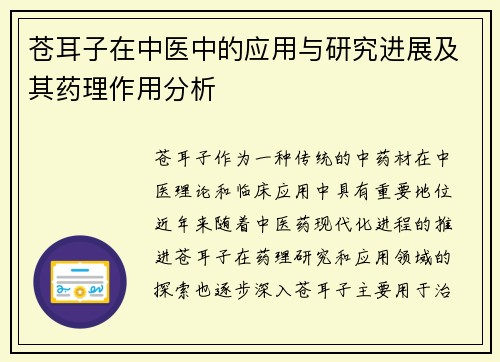 苍耳子在中医中的应用与研究进展及其药理作用分析