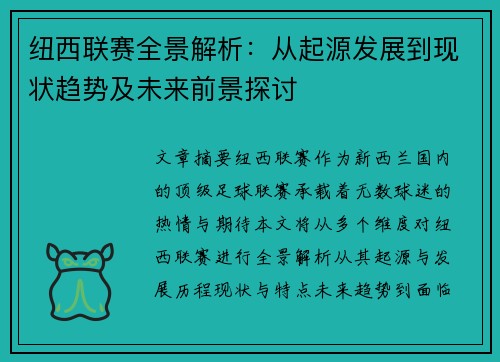 纽西联赛全景解析：从起源发展到现状趋势及未来前景探讨