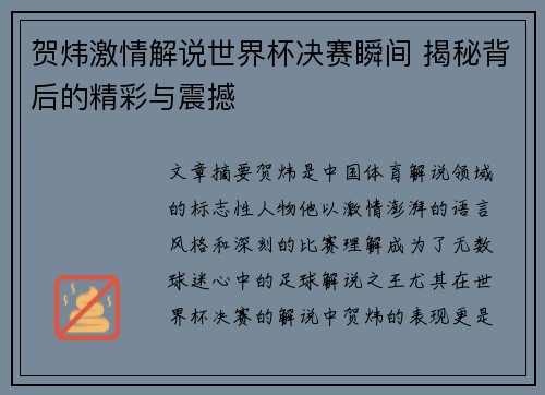 贺炜激情解说世界杯决赛瞬间 揭秘背后的精彩与震撼